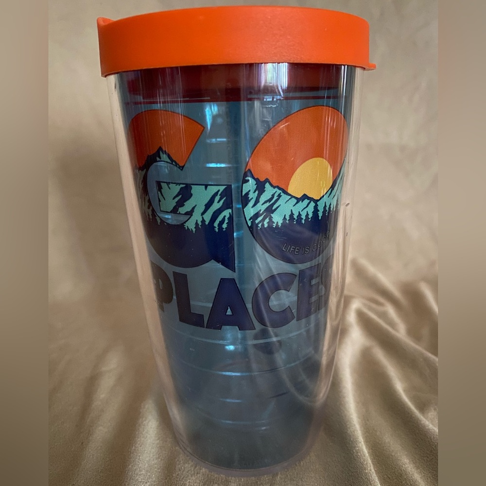 Tervis 16 ounce cup, “Go Places” Blue background/Mountains